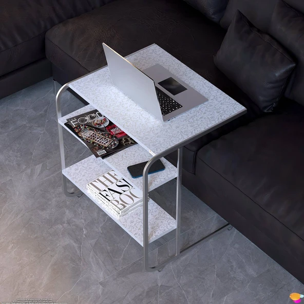 Modilayn C Yan Sehpa Geniş Boy Tekerlekli Çalışma, Atıştırmalık, Yemek, Laptop Sehpası Beyaz Desenli