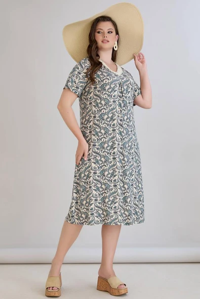 Wearon Kadın Beliz Büyük Beden Dantelli Kısa Kollu Turkuaz Elbise ürün görseli