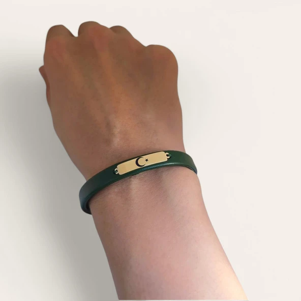 Sembole Özel Doğal Yeşil Derili 14 Ayar Altın Plakalı Dikdörtgen Motifli Hediye Bileklik-367 - Resim 3