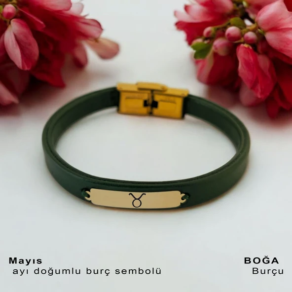 Doğum Ayına Özel 14 Ayar Altın Plakalı Dikdörtgen Motifli Doğal Yeşil Derili Hediye Bileklik-367 ürün görseli