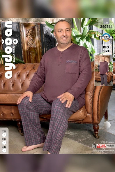 Aydoğan Erkek Emir Büyük Beden Kışlık Termal Kestane Rengi Pijama Takım 0544 - 2