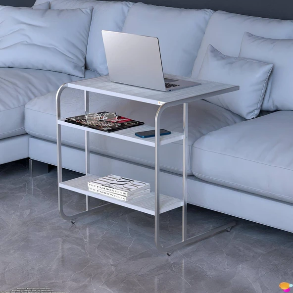 Modilayn C Yan Sehpa Geniş Boy Tekerlekli Çalışma, Atıştırmalık, Yemek, Laptop Sehpası Beyaz Çizgili - 3