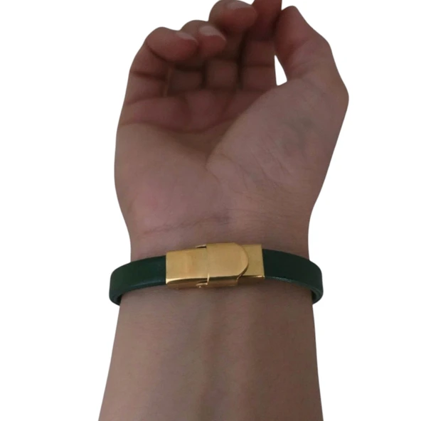 Burca Özel Dikdörtgen Motifli Doğal Yeşil Derili 14 Ayar Altın Plakalı Hediye Bileklik-367 - Resim 5