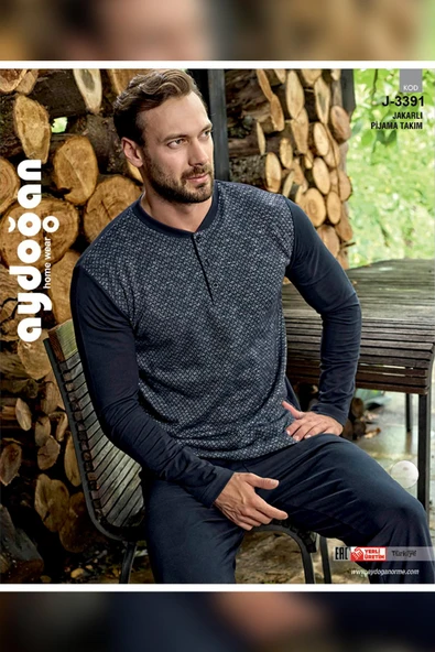 Aydoğan Erkek Tekin Jakarlı Kışlık Lacivert Pijama Takım 3391 - 2