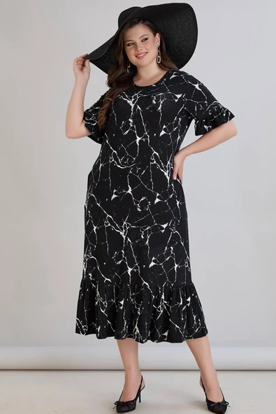 Wearon Kadın Dora Büyük Beden Volanlı Mermer Desen Siyah Elbise - 3