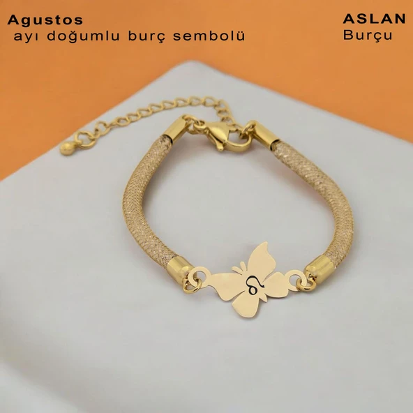 Doğum Ayına Özel 14 Ayar Altın Plakalı Kelebek Figürlü Hasır Kordonlu Hediye Bileklik-366 - Resim 2