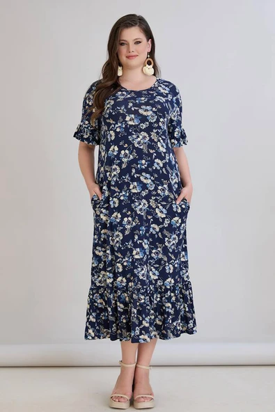 Wearon Kadın Dora Büyük Beden Volanlı Beyaz Papatyalar Lacivert Elbise ürün görseli