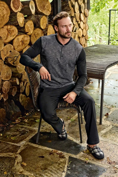 Aydoğan Erkek Tekin Jakarlı Kışlık Siyah Pijama Takım 3387