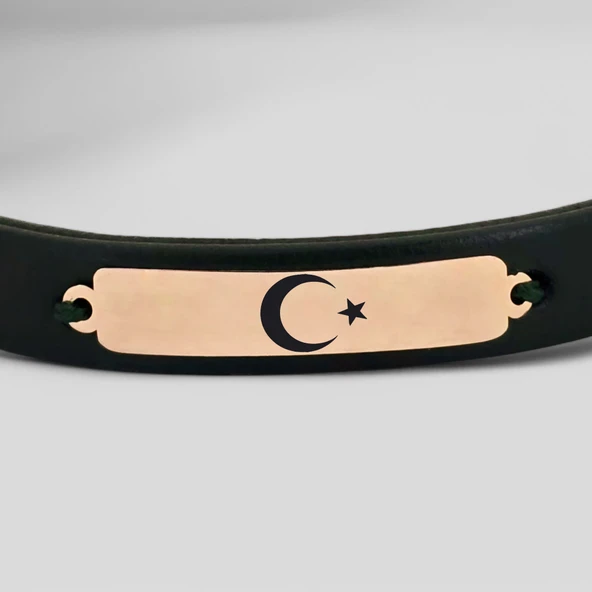 Sembole Özel Doğal Yeşil Derili 14 Ayar Altın Plakalı Dikdörtgen Motifli Hediye Bileklik-367 - Resim 2