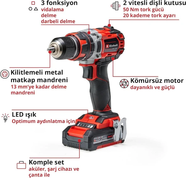 Einhell TE CD 18/50 Lİ-İ BL Darbeli Vidalama 2X2,0 Ah - Resim 3
