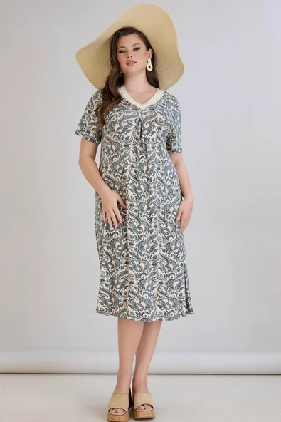 Wearon Kadın Beliz Büyük Beden Dantelli Kısa Kollu Turkuaz Elbise - Resim 5