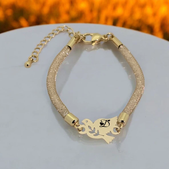 Harfe Özel 14 Ayar Altın Plakalı Kuş Motifli Hasır Kordonlu Hediye Bileklik-365 - Resim 2