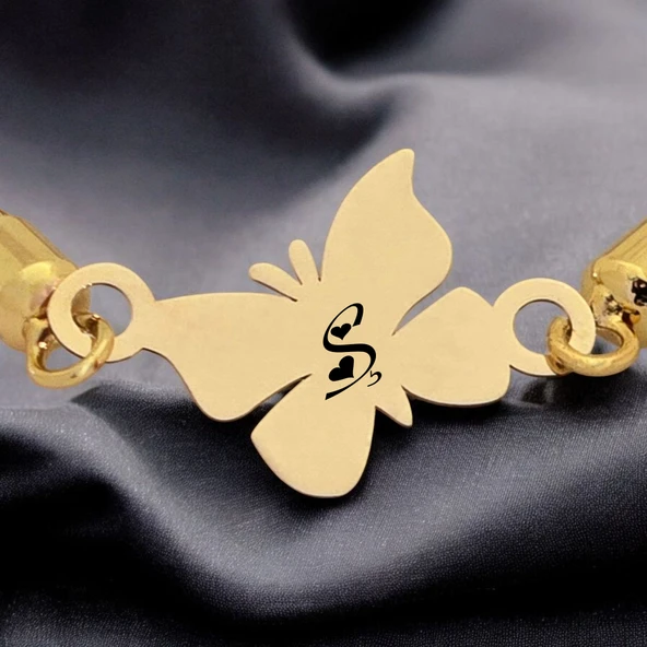 Harfe Özel 14 Ayar Altın Plakalı Kelebek Figürlü Hasır Kordonlu Hediye Bileklik-366 - Resim 3