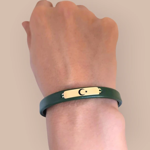 Sembole Özel Doğal Yeşil Derili 14 Ayar Altın Plakalı Dikdörtgen Motifli Hediye Bileklik-367 - Resim 4