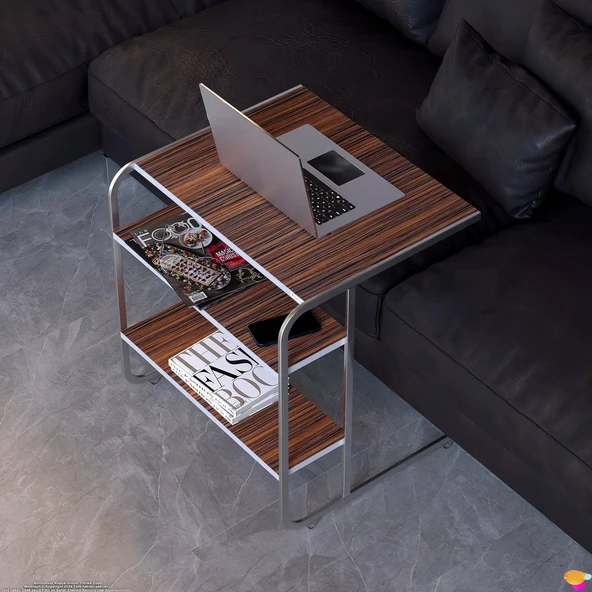 Modilayn C Yan Sehpa Geniş Boy Tekerlekli Çalışma, Atıştırmalık, Yemek, Laptop Sehpası Abanoz