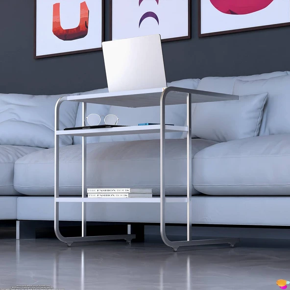 Modilayn C Yan Sehpa Geniş Boy Tekerlekli Çalışma, Atıştırmalık, Yemek, Laptop Sehpası Beyaz Çizgili - 2