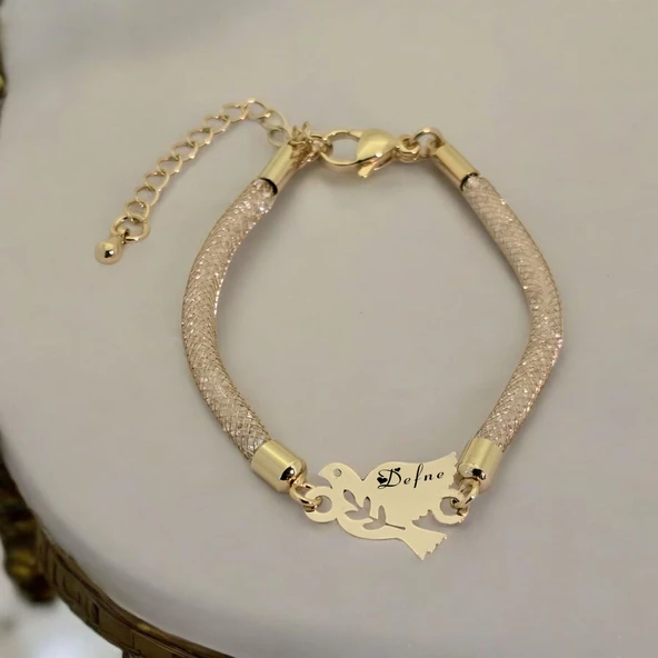 İsme Özel Kuş Motifli Hasır Kordonlu 14 Ayar Altın Plakalı Hediye Bileklik-365 - Resim 2