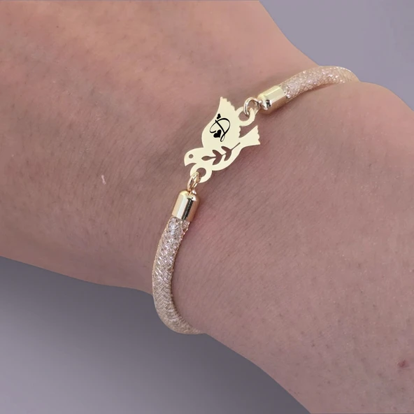 Harfe Özel 14 Ayar Altın Plakalı Kuş Motifli Hasır Kordonlu Hediye Bileklik-365 - Resim 4