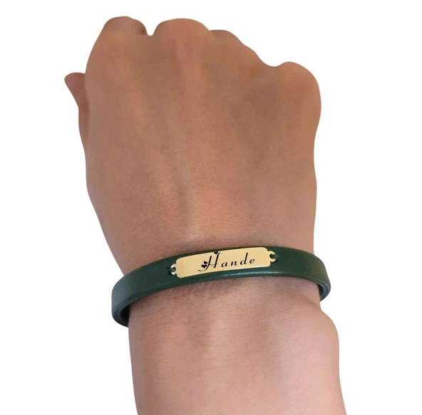 İsme Özel Dikdörtgen Motifli Doğal Yeşil Derili 14 Ayar Altın Plakalı Hediye Bileklik-367 - Resim 4