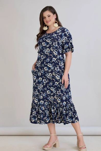 Wearon Kadın Dora Büyük Beden Volanlı Beyaz Papatyalar Lacivert Elbise - Resim 5