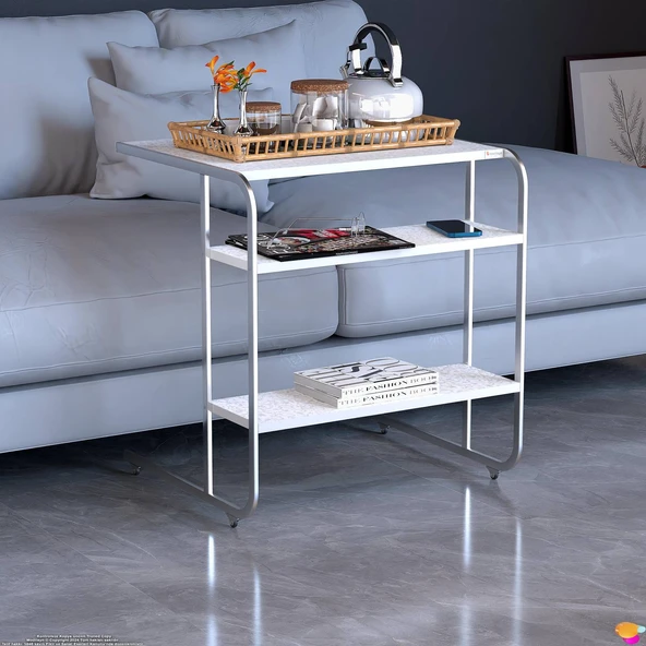 Modilayn C Yan Sehpa Geniş Boy Tekerlekli Çalışma, Atıştırmalık, Yemek, Laptop Sehpası Beyaz Desenli - 12