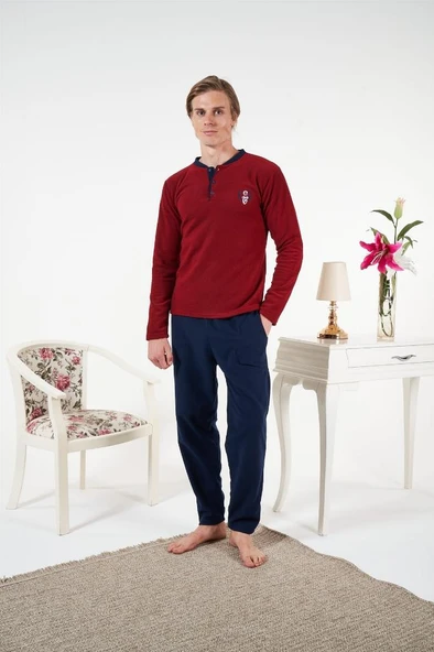 Estiva Düz Renk Uzun Kol Polar Erkek Pijama Takım - Resim 10