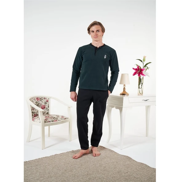 Estiva Düz Renk Uzun Kol Polar Erkek Pijama Takım - Resim 6