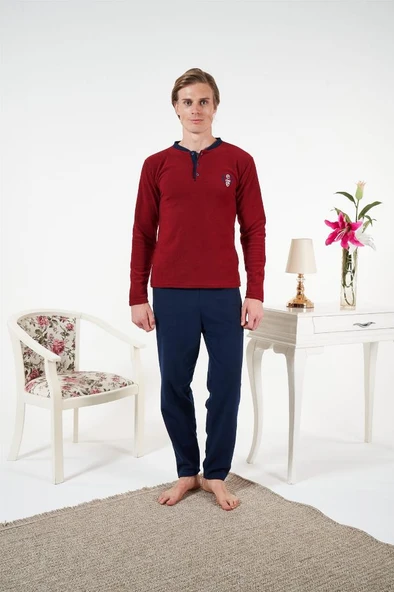 Estiva Düz Renk Uzun Kol Polar Erkek Pijama Takım - Resim 8