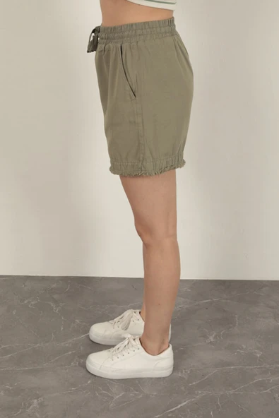 Garbardin Kumaş Püsküllü Kadın Şort-Haki - Resim 3