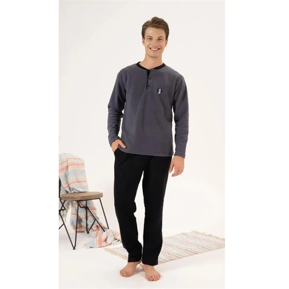 Estiva Düz Renk Uzun Kol Polar Erkek Pijama Takım - Resim 7