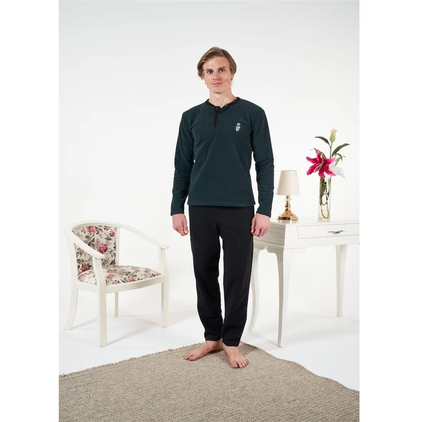 Estiva Düz Renk Uzun Kol Polar Erkek Pijama Takım - Resim 4