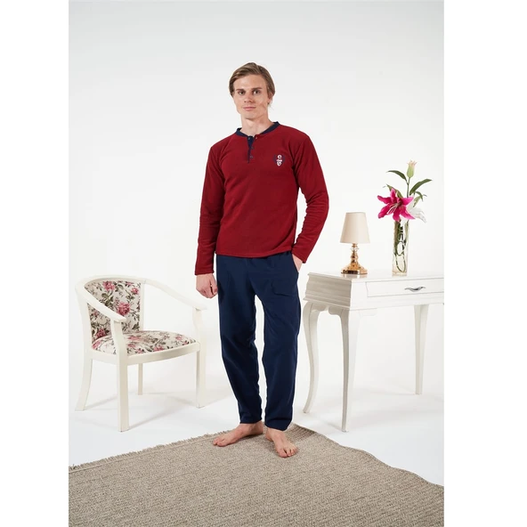 Estiva Düz Renk Uzun Kol Polar Erkek Pijama Takım - Resim 3