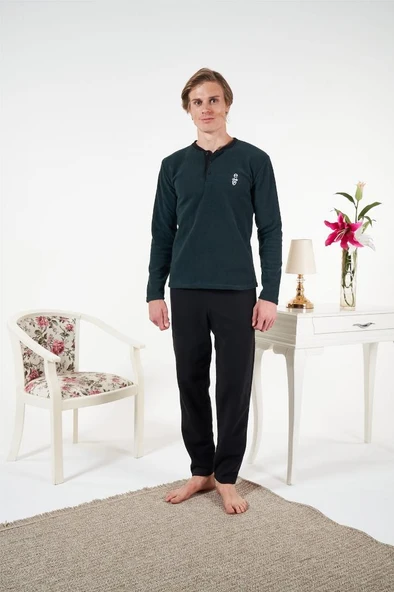 Estiva Düz Renk Uzun Kol Polar Erkek Pijama Takım - Resim 11