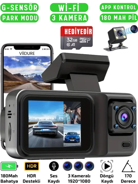 A3298 Wi-Fi Full HD 3 Kameralı Araç İçi Güvenlik Kamerası 64GB – IR Gece Görüşü, Ön-Arka-İç Kayıt,DashCam