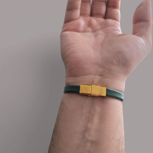 İsme Özel Dikdörtgen Figürlü Hakiki Yeşil Derili 14 Ayar Altın Plakalı Hediye Bileklik-371 - Resim 5