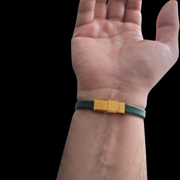 Doğum Ayına Özel 14 Ayar Altın Plakalı Dikdörtgen Figürlü Hakiki Yeşil Derili Hediye Bileklik-371 - Resim 5