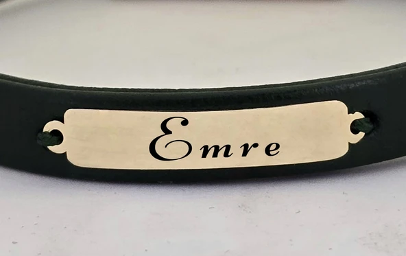 İsme Özel Dikdörtgen Figürlü Hakiki Yeşil Derili 14 Ayar Altın Plakalı Hediye Bileklik-371 - Resim 2