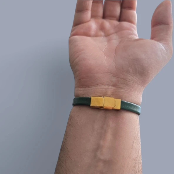Burca Özel Dikdörtgen Figürlü Hakiki Yeşil Derili 14 Ayar Altın Plakalı Hediye Bileklik-371 - Resim 5