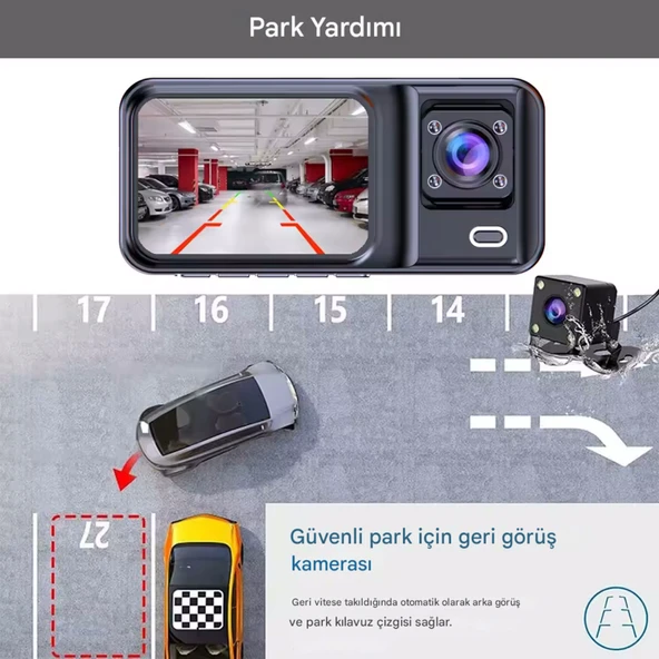 A3298 Wi-Fi Full HD 3 Kameralı Araç İçi Güvenlik Kamerası 64GB – IR Gece Görüşü, Ön-Arka-İç Kayıt,DashCam - 8