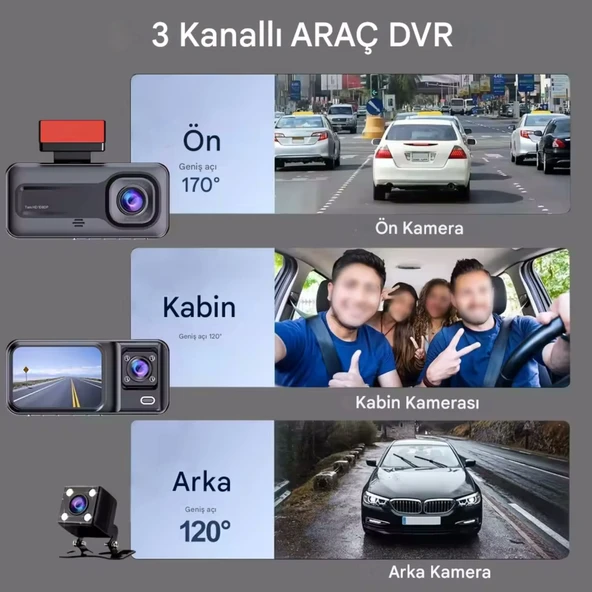 A3298 Wi-Fi Full HD 3 Kameralı Araç İçi Güvenlik Kamerası 64GB – IR Gece Görüşü, Ön-Arka-İç Kayıt,DashCam - 2