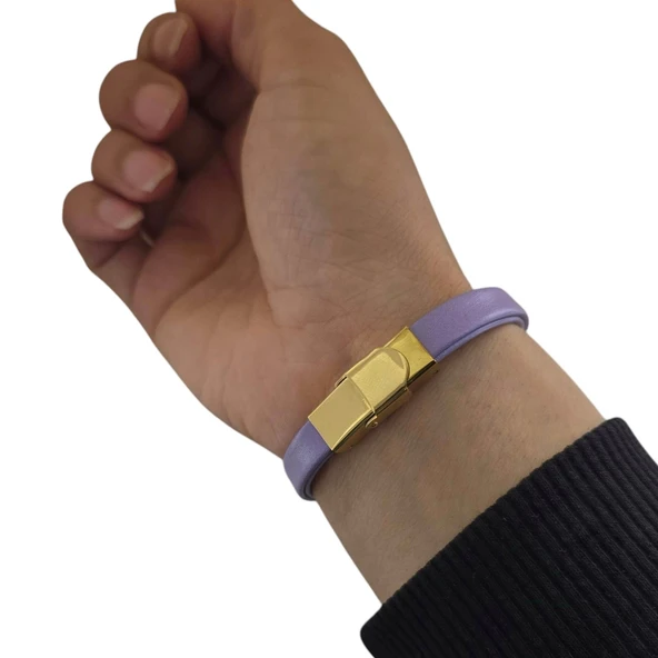İsme Özel Hayat Döngüsü Motifli Doğal Mor Derili 14 Ayar Altın Plakalı Hediye Bileklik-372 - Resim 5