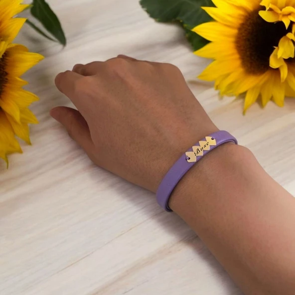 İsme Özel Hayat Döngüsü Motifli Doğal Mor Derili 14 Ayar Altın Plakalı Hediye Bileklik-372 ürün görseli