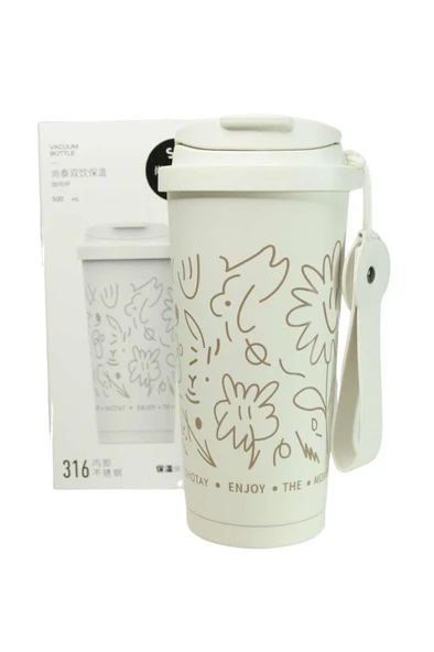 Shotay ST-8913 Çift Kullanım Pipetli/Rahat İçim Beyaz 500ml Çelik Termos