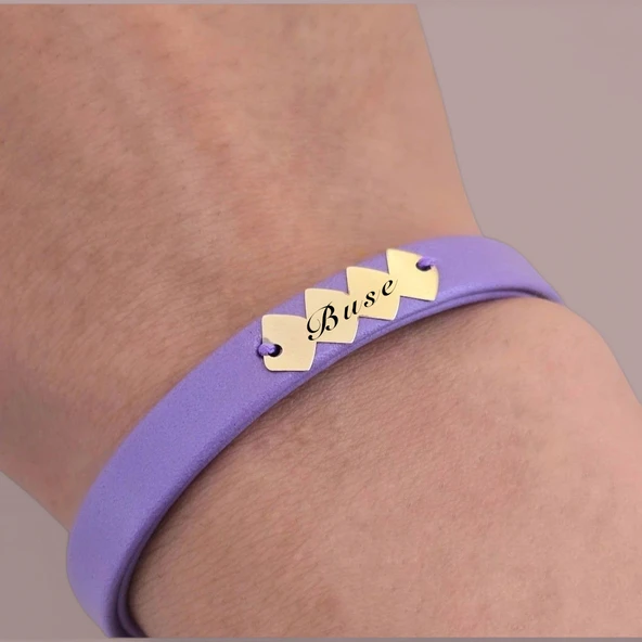 İsme Özel Hayat Döngüsü Motifli Doğal Mor Derili 14 Ayar Altın Plakalı Hediye Bileklik-372 - Resim 3