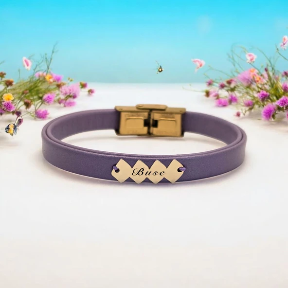 İsme Özel Hayat Döngüsü Motifli Doğal Mor Derili 14 Ayar Altın Plakalı Hediye Bileklik-372 - Resim 2