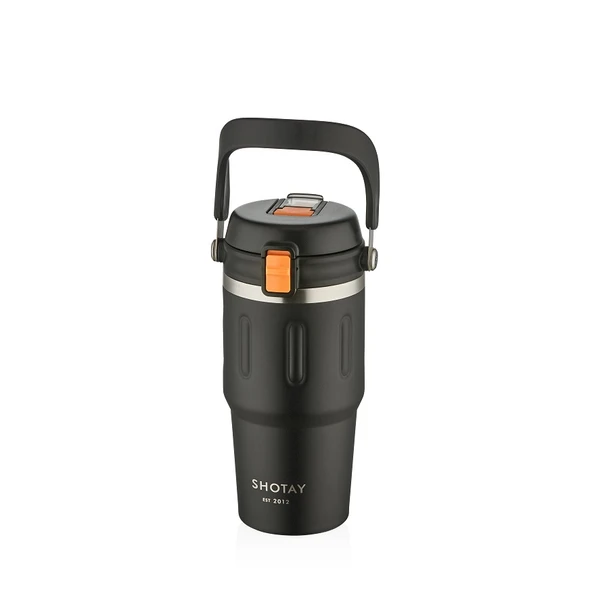 Shotay ST-8166 Çift Kullanım Pipetli/Rahat İçim Siyah 650ml Çelik Termos
