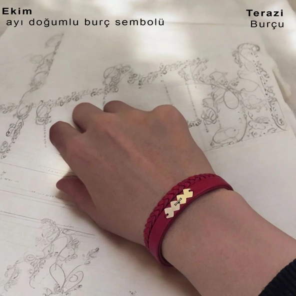 Doğum Ayına Özel 14 Ayar Altın Plakalı Hayat Döngüsü Figürlü Koyu Kırmızı Derili Hediye Bileklik-373 ürün görseli