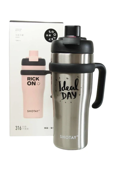 Shotay ST-8919 Çift Kullanım Pipetli/Rahat İçim Gri 1000ml Çelik Termos - 1