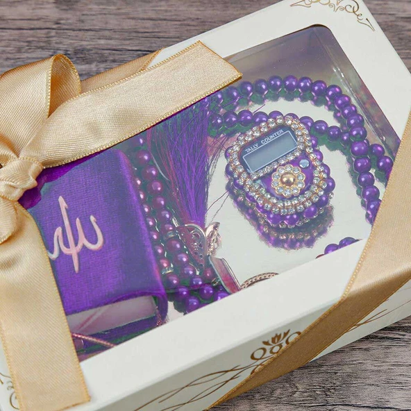 Hediyelik Mini Kur'an-ı Kerim & Lüks Taşlı Zikirmatik & İnci Tesbih Hediye Seti (2,5 * 4,5 * 5,5 cm  125 gr ) - Mor - 5