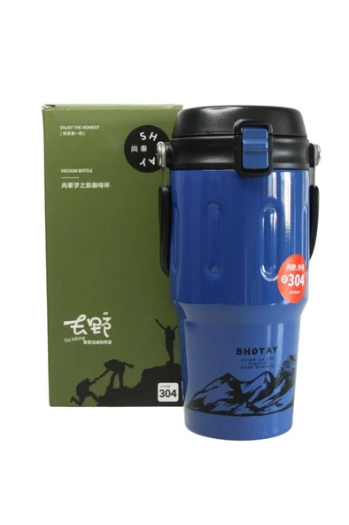 Shotay ST-8166 Çift Kullanım Pipetli/Rahat İçim Mavi 650ml Çelik Termos - 1
